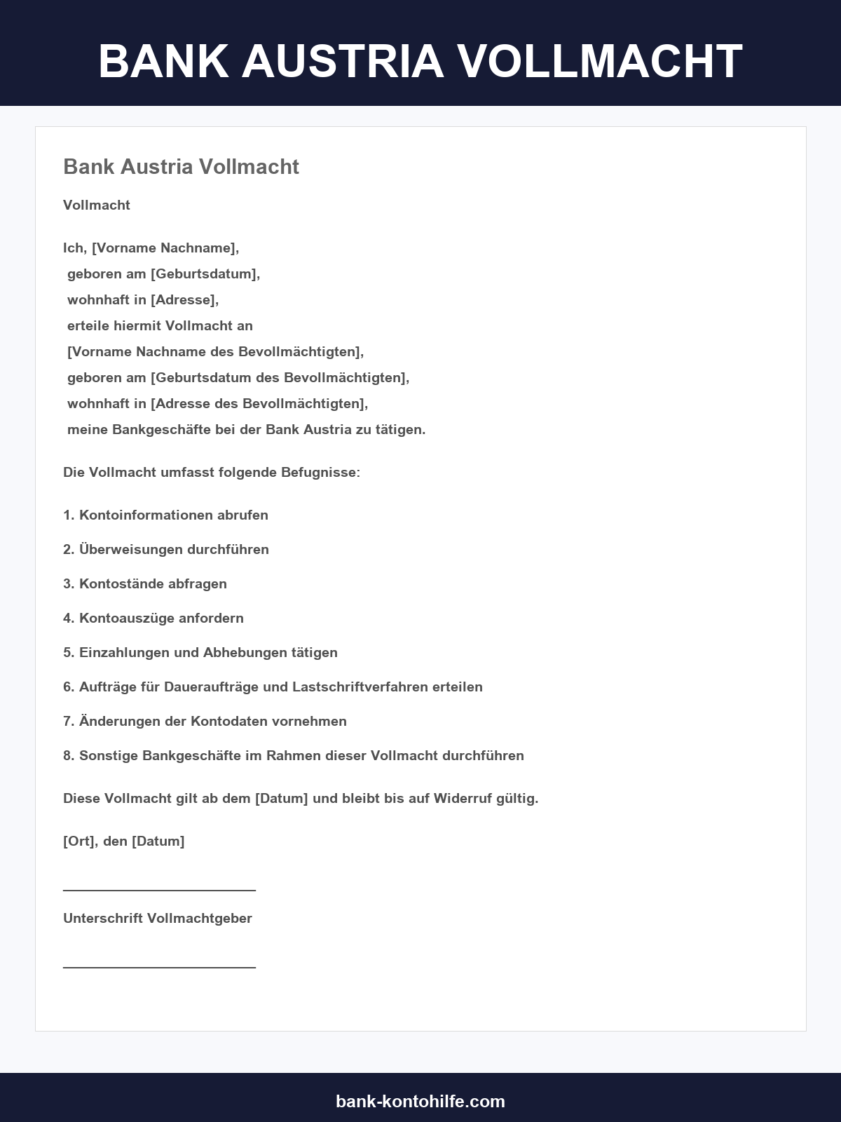 Bank Austria Vollmacht Formular