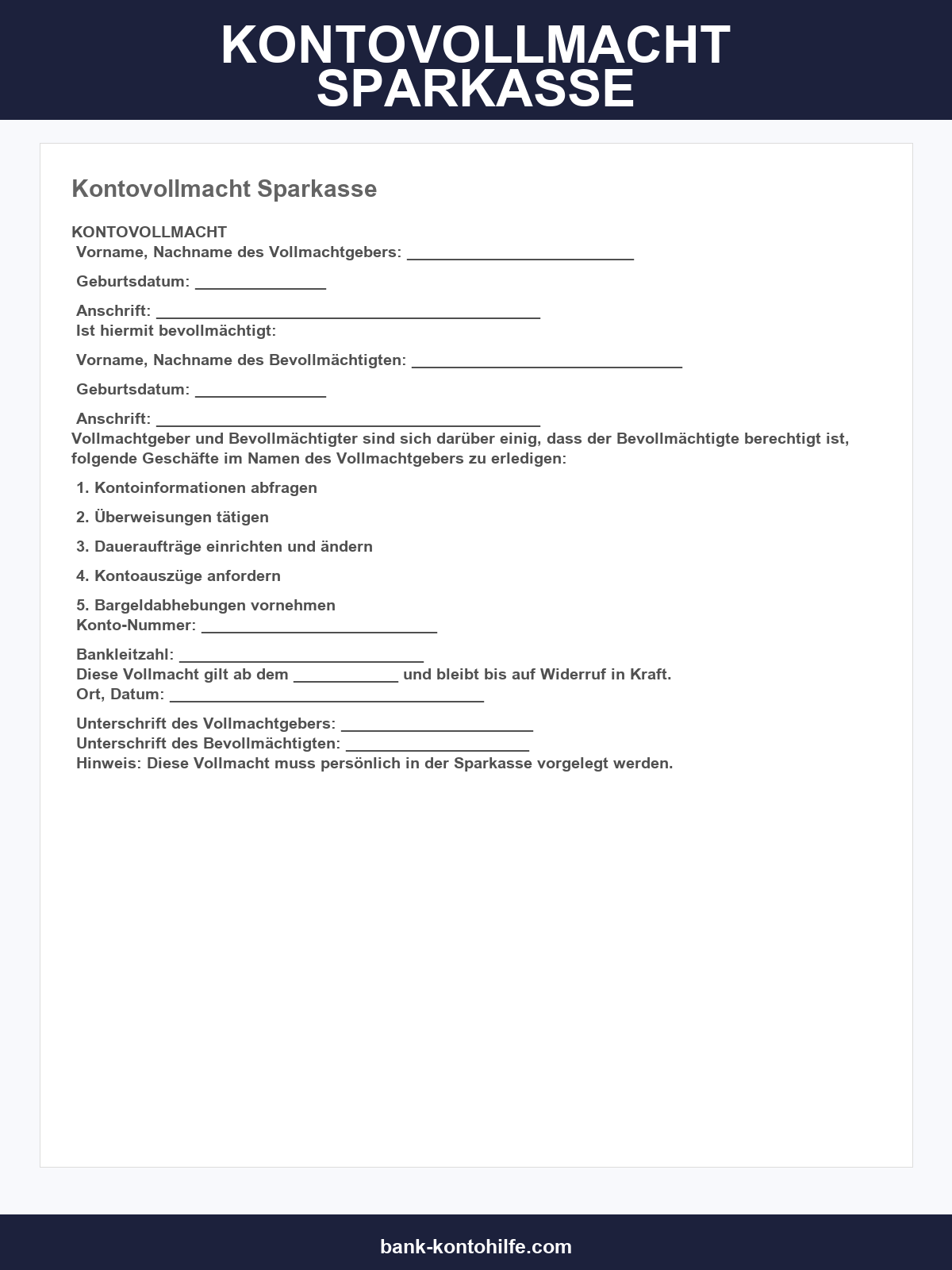 Vordruck Kontovollmacht Sparkasse