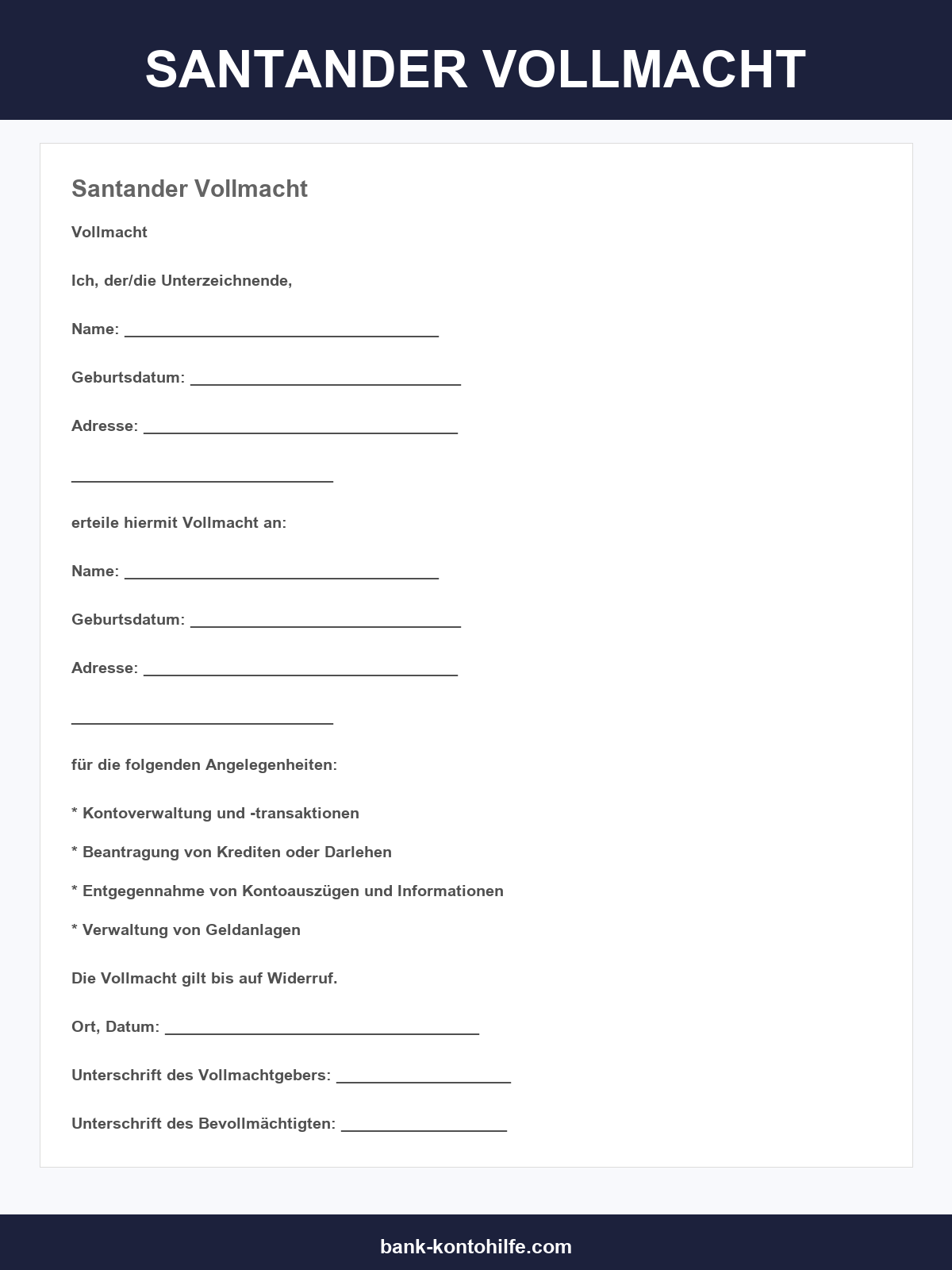 Santander Vollmacht Formular