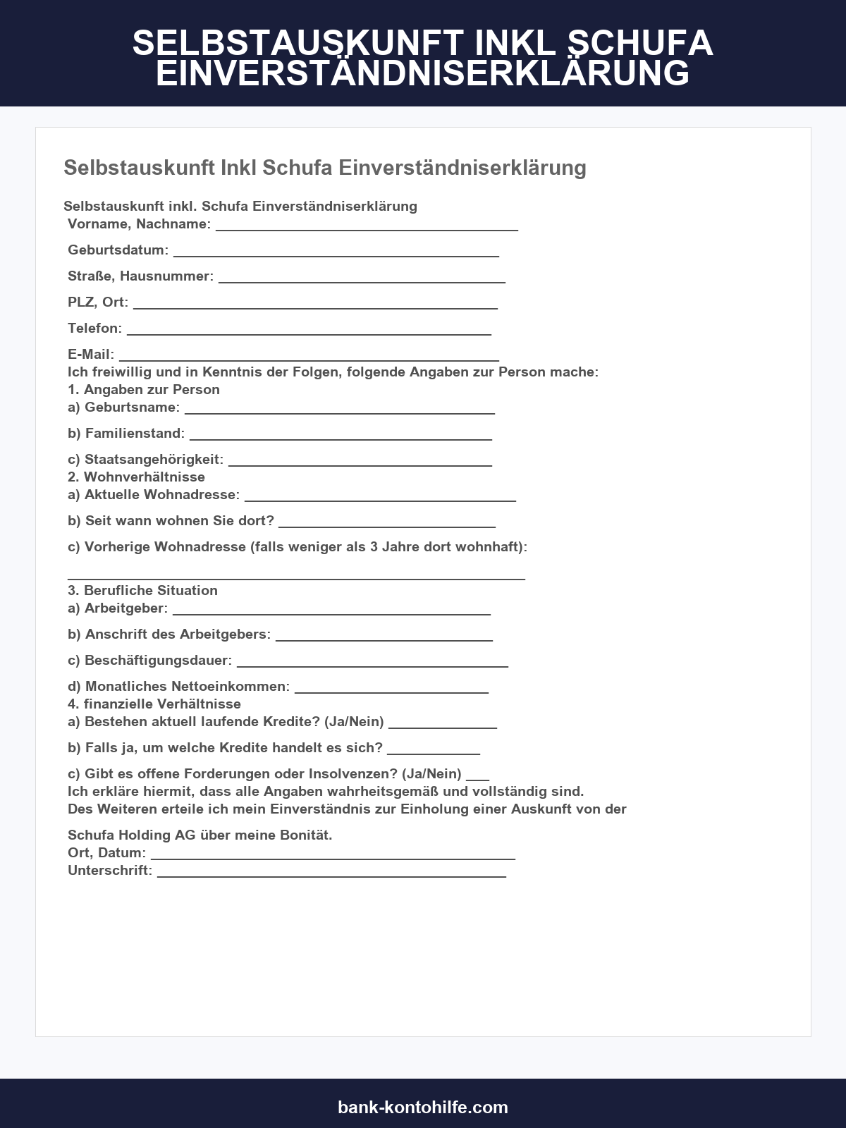 Selbstauskunft Inkl Schufa Einverständniserklärung Muster