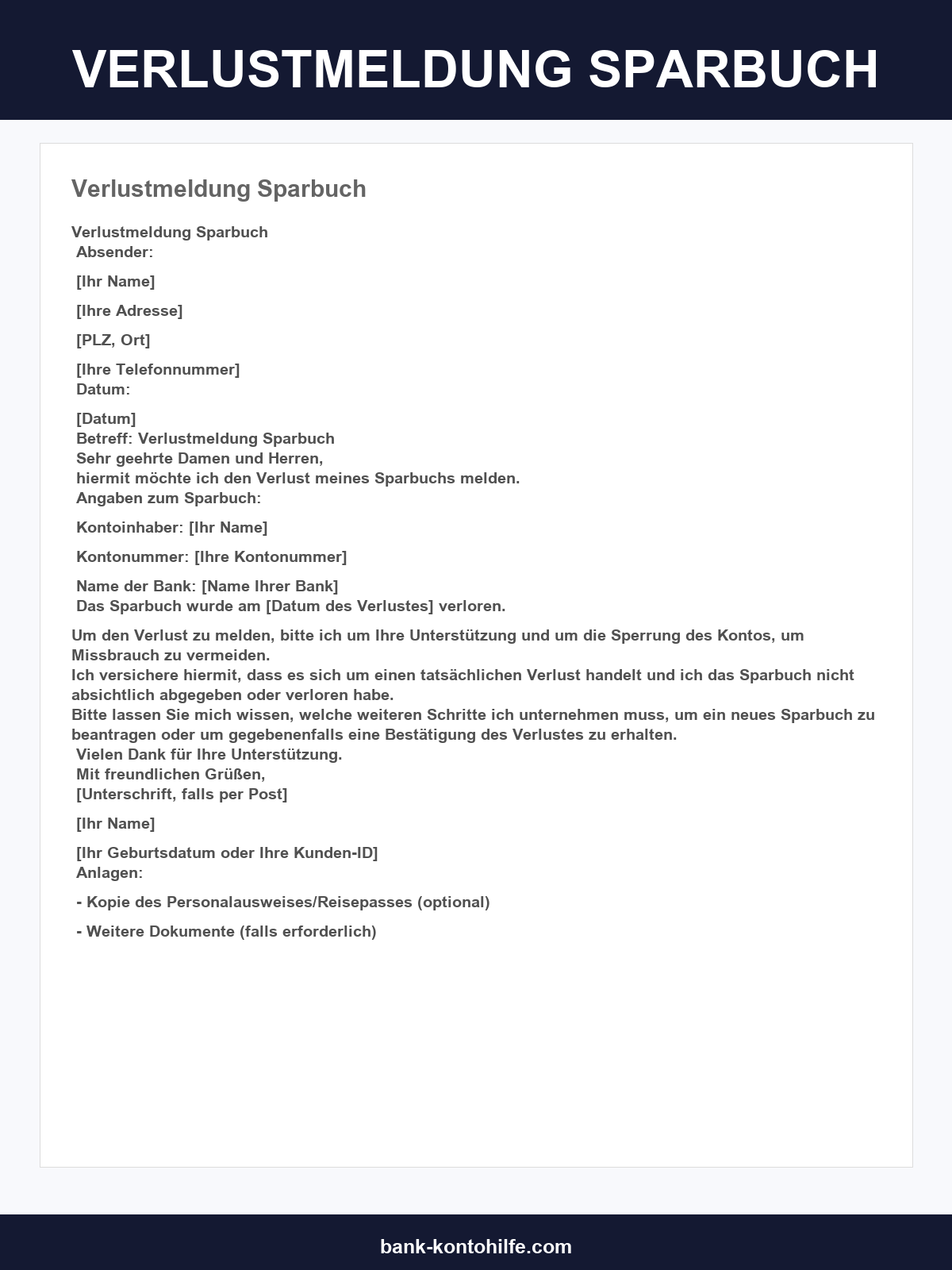 Verlustmeldung Sparbuch Vordruck