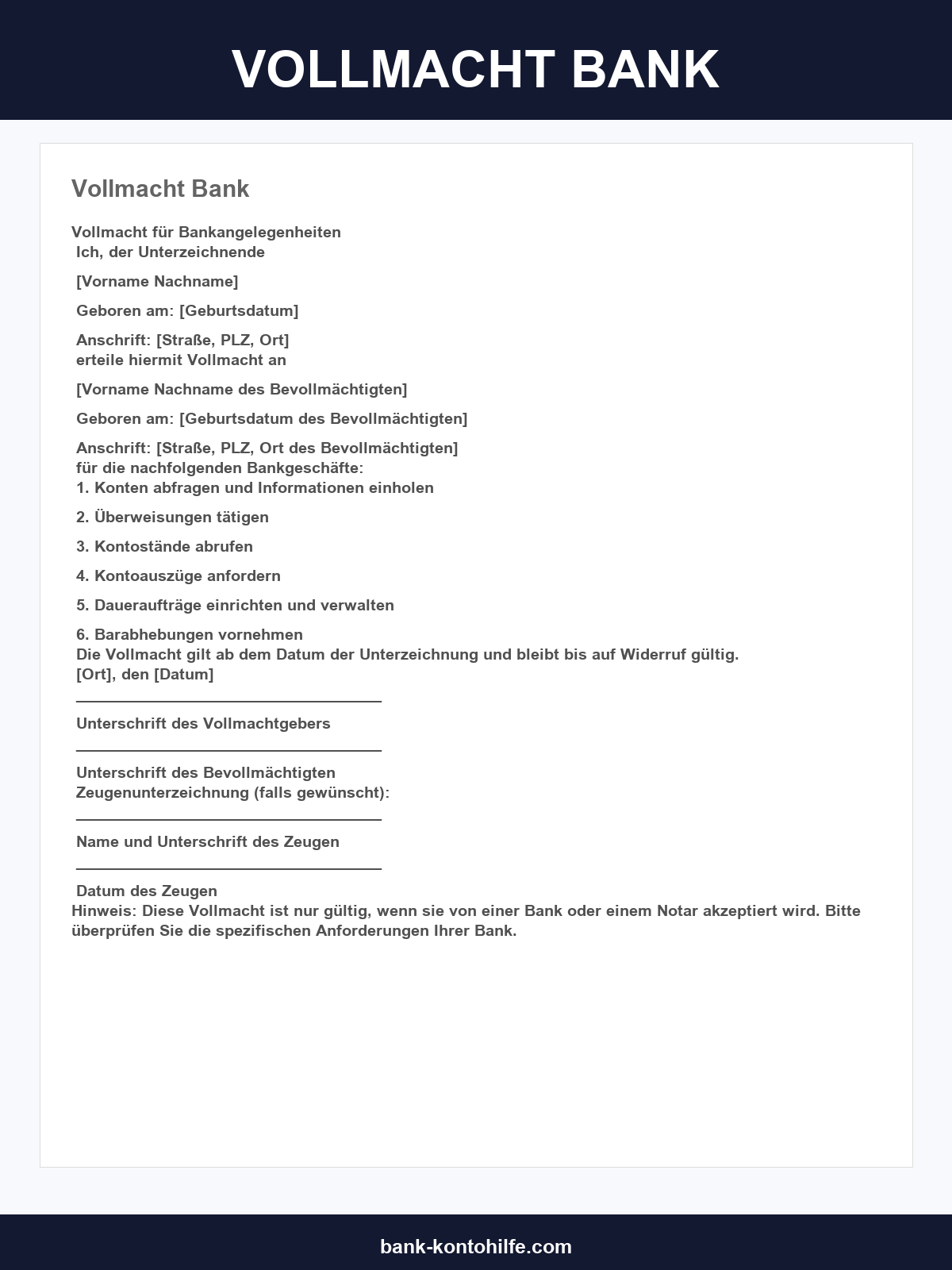 Vollmacht Bank Vorlage