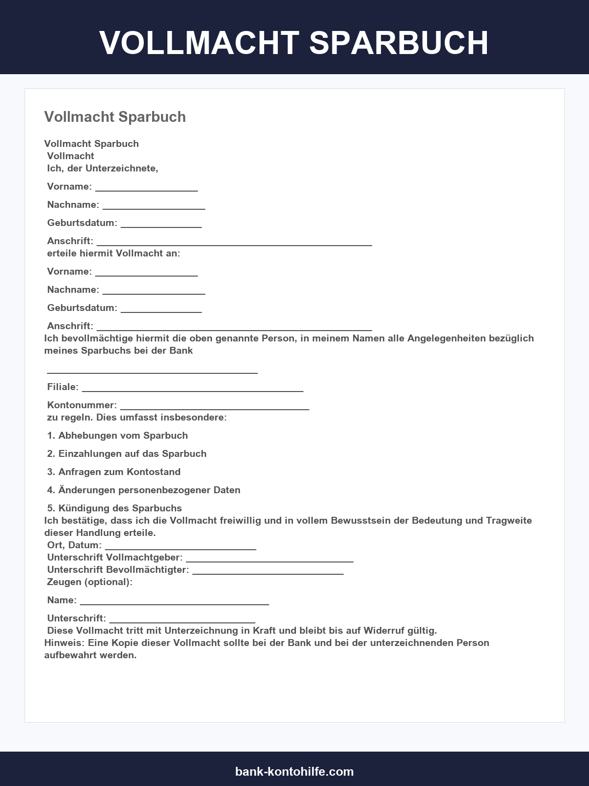 Vollmacht Sparbuch